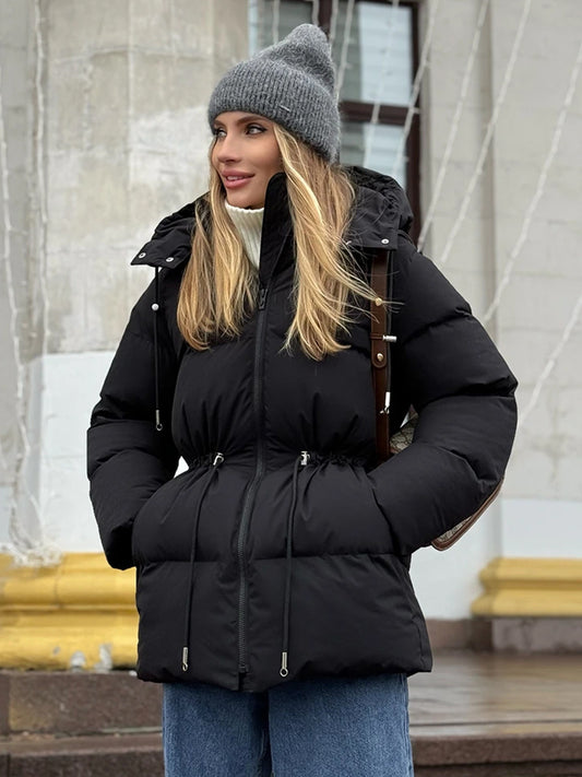 Fashion New Drawstring Hooded Thickened Warm Cotton Clothes Office Basic Retro Female Outwear